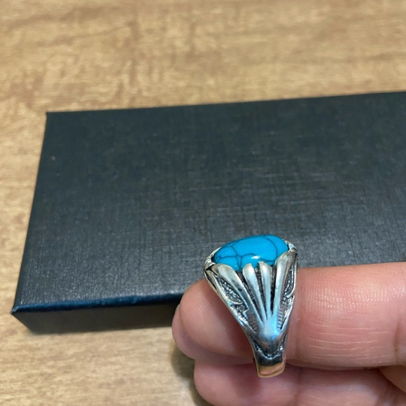 Retro pattern oval turquoise stone silver women’s ring Sz 8‎ - Picture 4 of 5